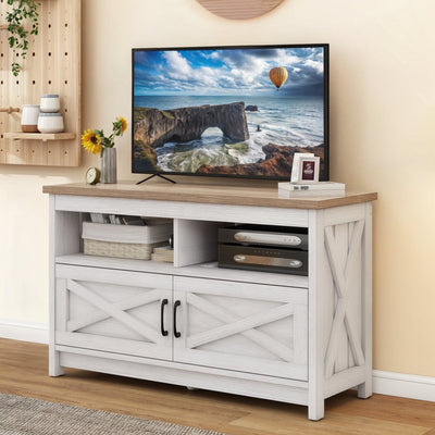 Meuble TV Farmhouse pouvant accueillir jusqu'à 65 téléviseurs avec portes et étagères ouvertes Console multimédia Prise de courant