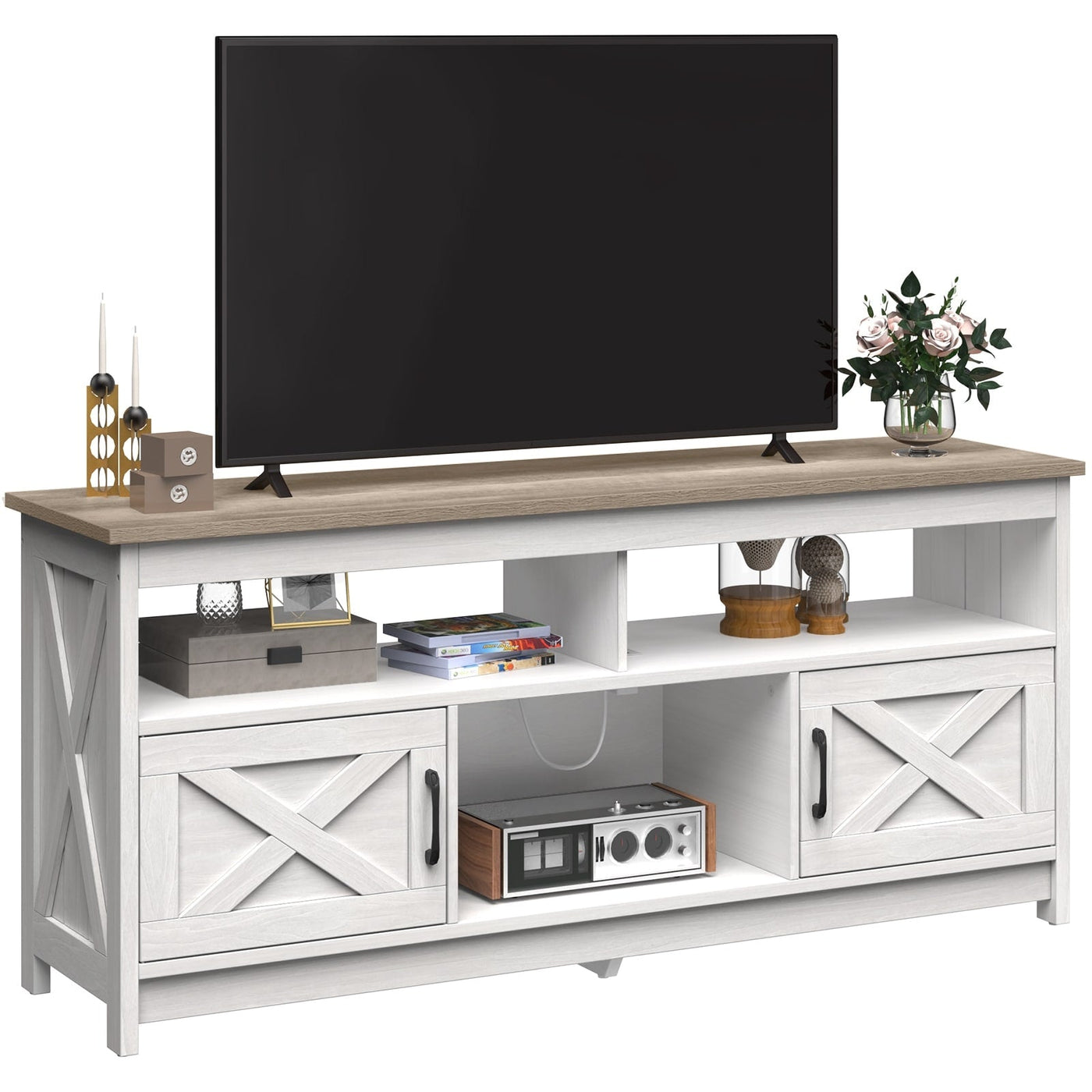 Meuble TV Farmhouse pouvant accueillir jusqu'à 65 téléviseurs avec portes et étagères ouvertes Console multimédia Prise de courant