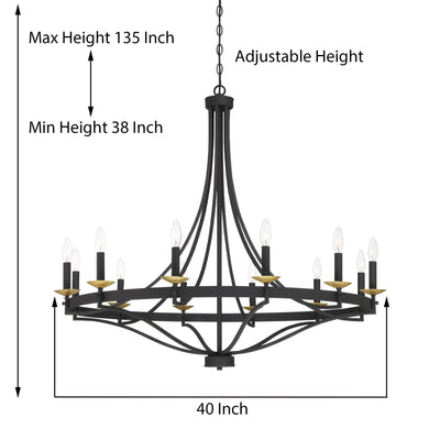 Lustre Empire à 12 lumières de style ferme moderne Fidenza avec roue de chariot et UL - D40'' * H135''