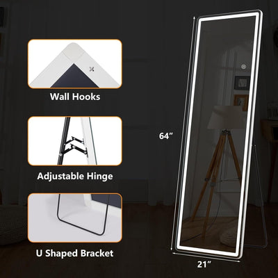 Miroir de sol avec éclairage LED, miroir pleine longueur 64 x 21 avec support, miroir suspendu, miroir mural, miroir intégral