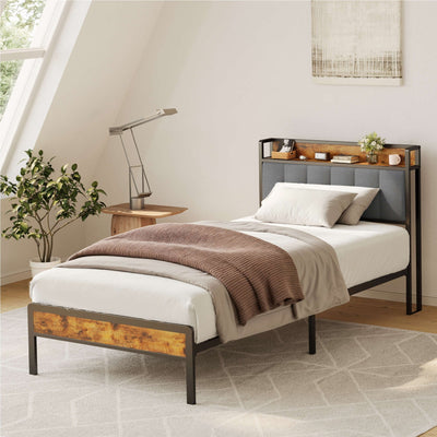 Cadre de lit plateforme en métal pour lit simple, double, queen ou king size avec tête de lit rembourrée et rangement