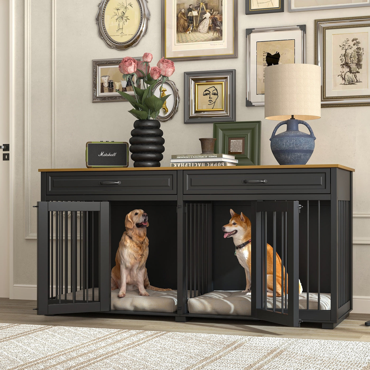 Cage pour chien de style meuble, niche en bois de 64,5 pouces pour grand chien