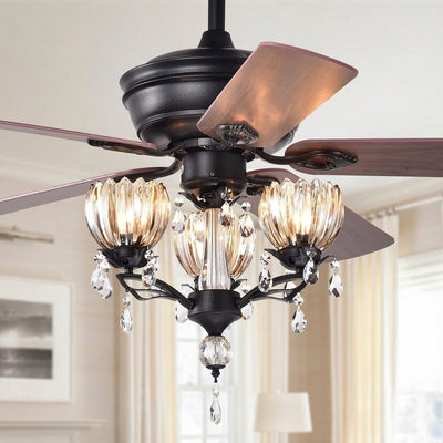 Ventilateur de plafond Garlow noir mat à 5 pales avec lustre en cristal et coupelles en forme de fleurs (télécommande incluse) - 52 pouces de diamètre