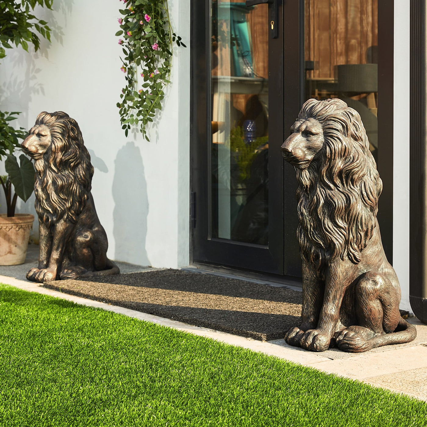 Glitzhome MGO Majestic Statues de lion gardien assis Sculpture de porche extérieur intérieur Ensemble de 2