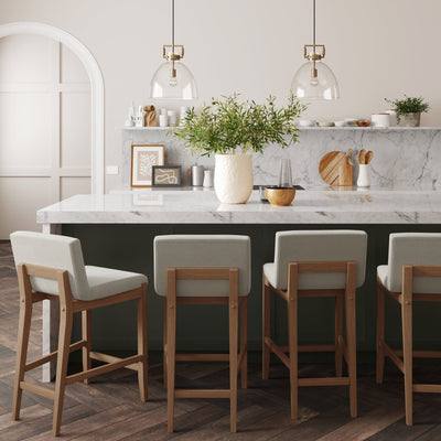 Tabouret de bar moderne Gracie, chaise rembourrée en boucle et pieds en bois brossé