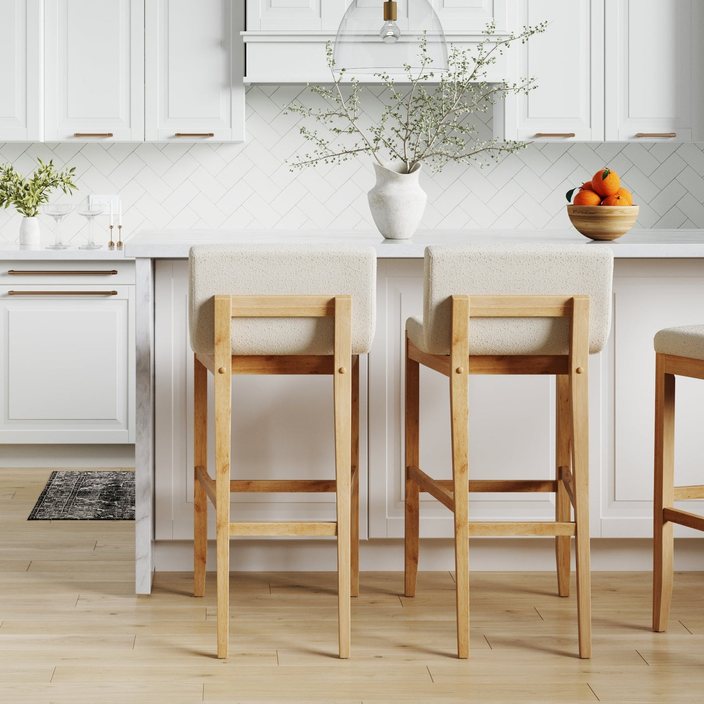 Tabouret de bar moderne Gracie, chaise rembourrée en boucle et pieds en bois brossé