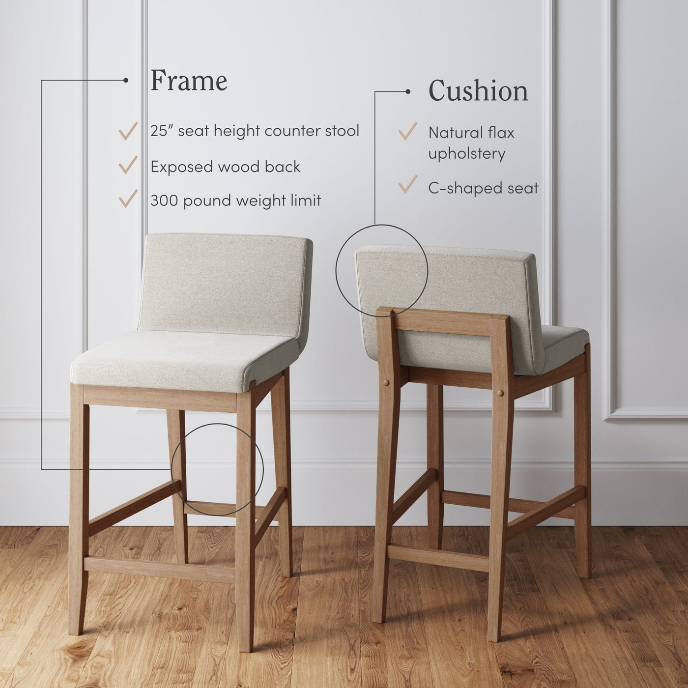 Tabouret de bar moderne Gracie, chaise rembourrée en boucle et pieds en bois brossé