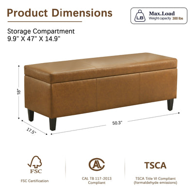 Pouf de rangement rectangulaire rembourré 50,3 x 17,50 x 18 po - Similicuir