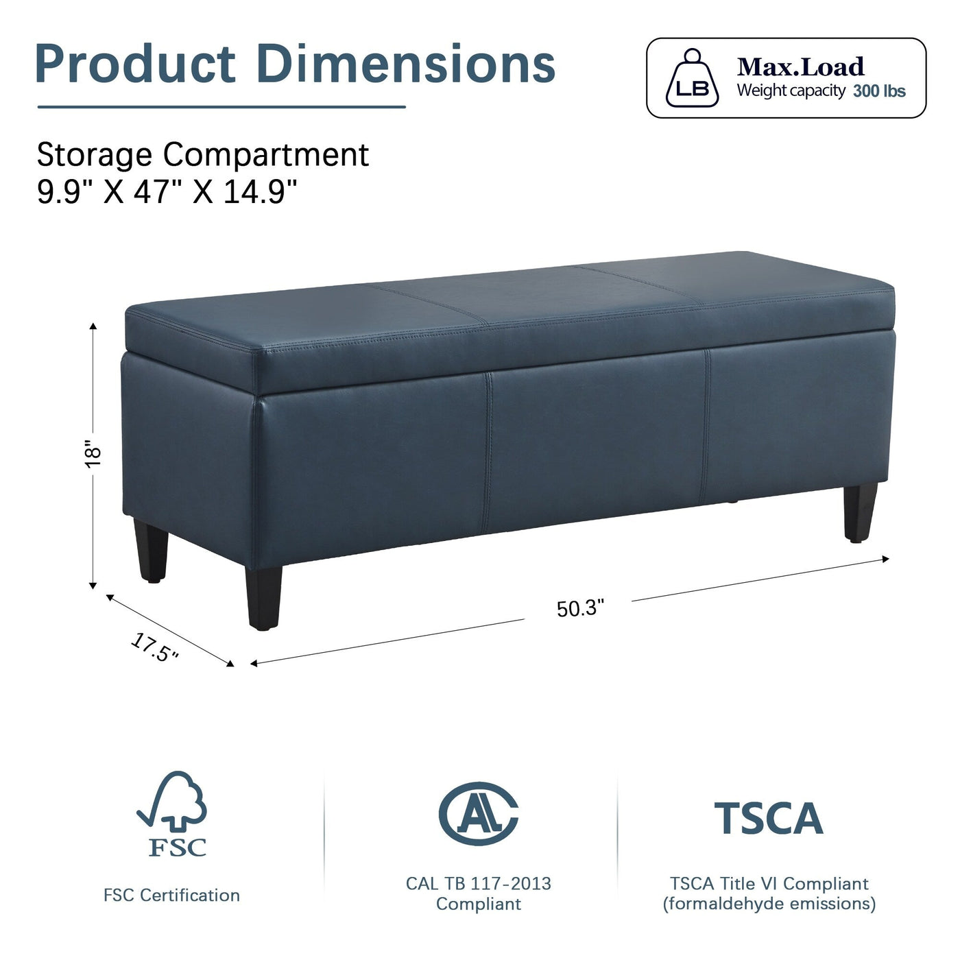 Pouf de rangement rectangulaire rembourré 50,3 x 17,50 x 18 po - Similicuir