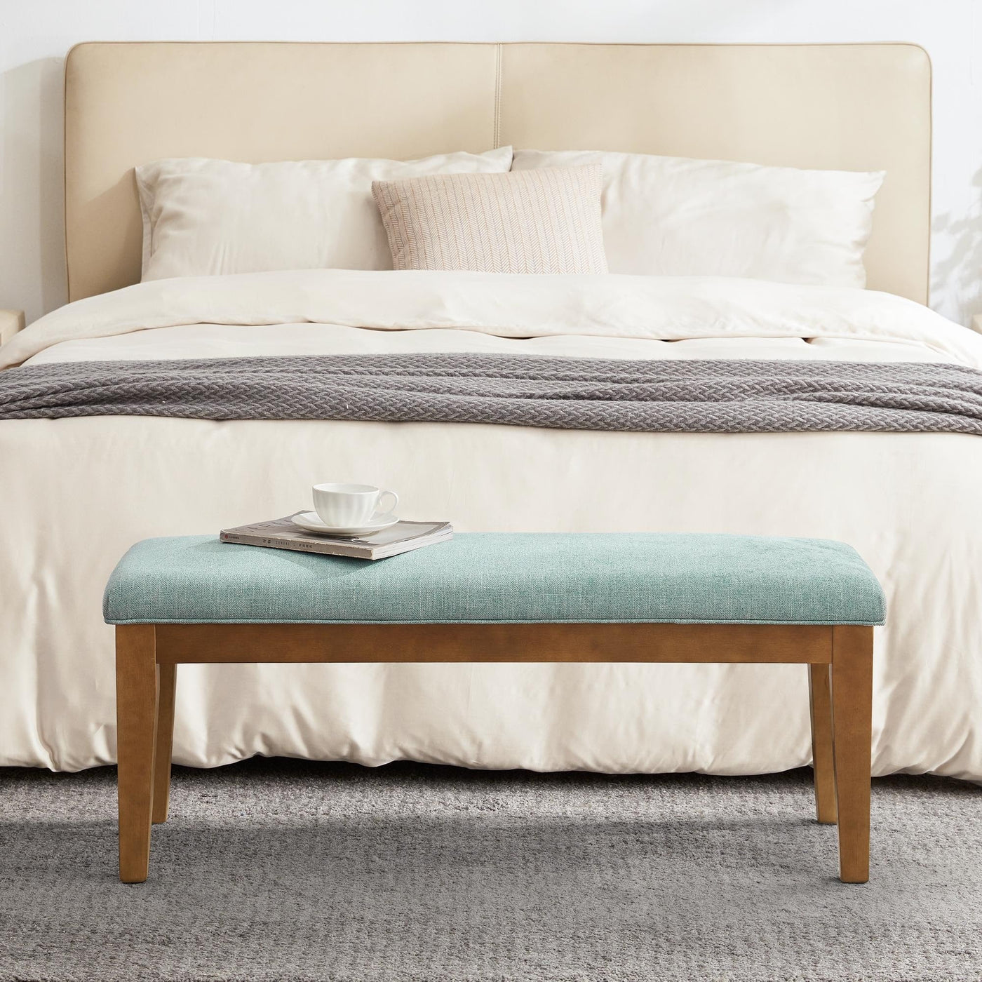 Banc d'entrée rembourré en tissu, banc de chambre pour bout de lit beige, bois massif 44 pouces