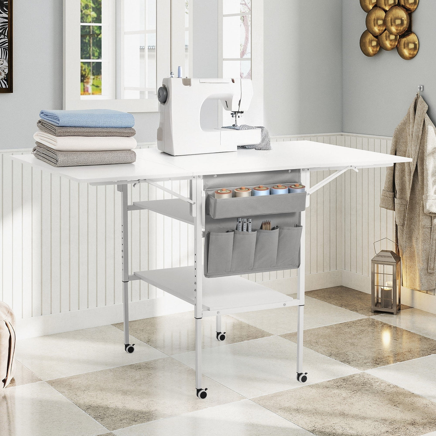 Table de bricolage réglable en hauteur avec étagères de rangement, table de découpe pliante mobile pour la maison, le bureau, la salle de couture, la salle d'artisanat