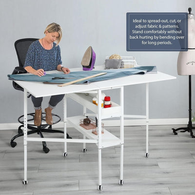 Table de bricolage réglable en hauteur avec étagères de rangement, table de découpe pliante mobile pour la maison, le bureau, la salle de couture, la salle d'artisanat