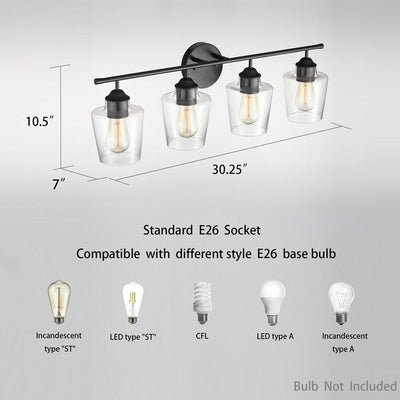 KAWOTI Lampe de salle de bain en métal à 4 lumières et abat-jour en verre à intensité variable