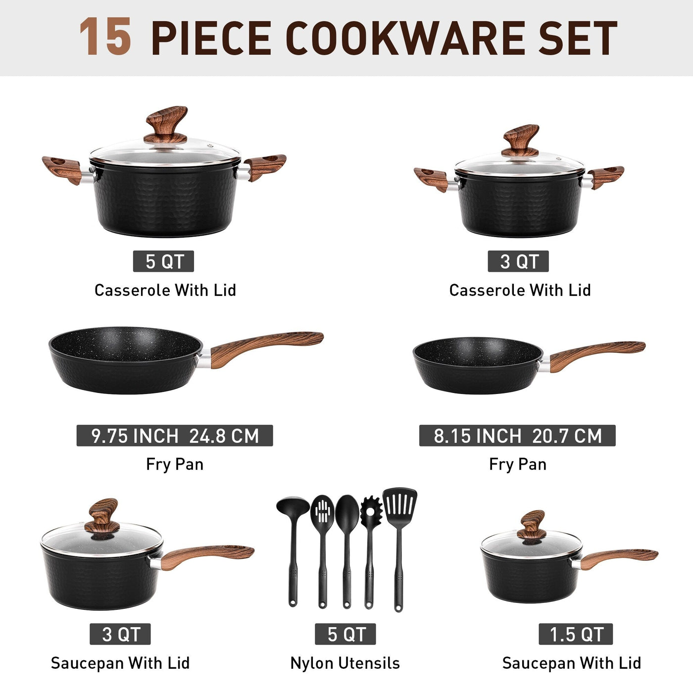 Batterie de cuisine antiadhésive de 15 pièces avec revêtement en granit Kitchen Academy