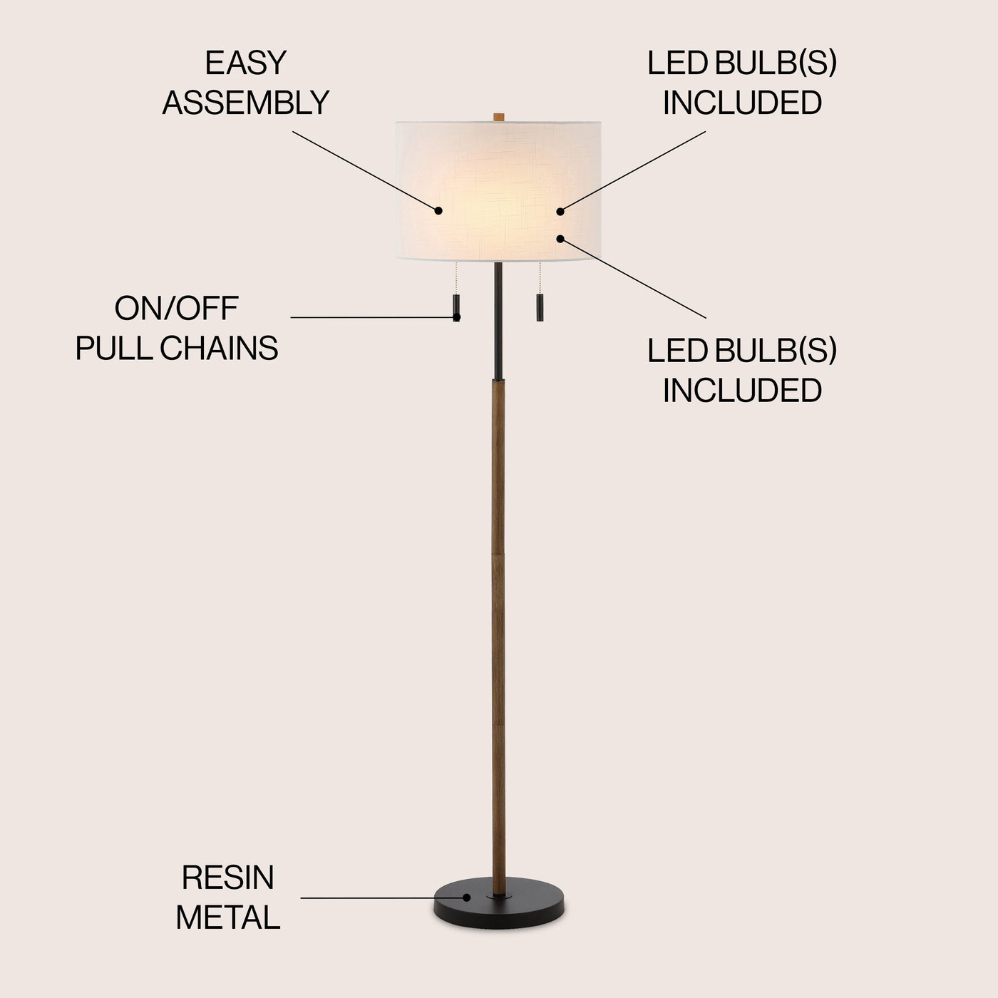 Lampe de sol à LED Koda 61 rustique en fer avec chandelier et chaînes de traction, finition bois marron/noir par JONATHAN Y