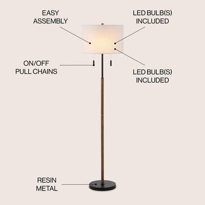 Lampe de sol à LED Koda 61 rustique en fer avec chandelier et chaînes de traction, finition bois marron/noir par JONATHAN Y