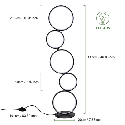 Lampadaire LED moderne à intensité variable, lampe d'angle lumineuse à 3 voies avec 5 anneaux pour salon