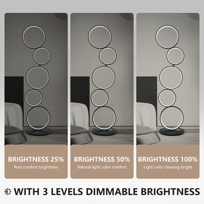Lampadaire LED moderne à intensité variable, lampe d'angle lumineuse à 3 voies avec 5 anneaux pour salon