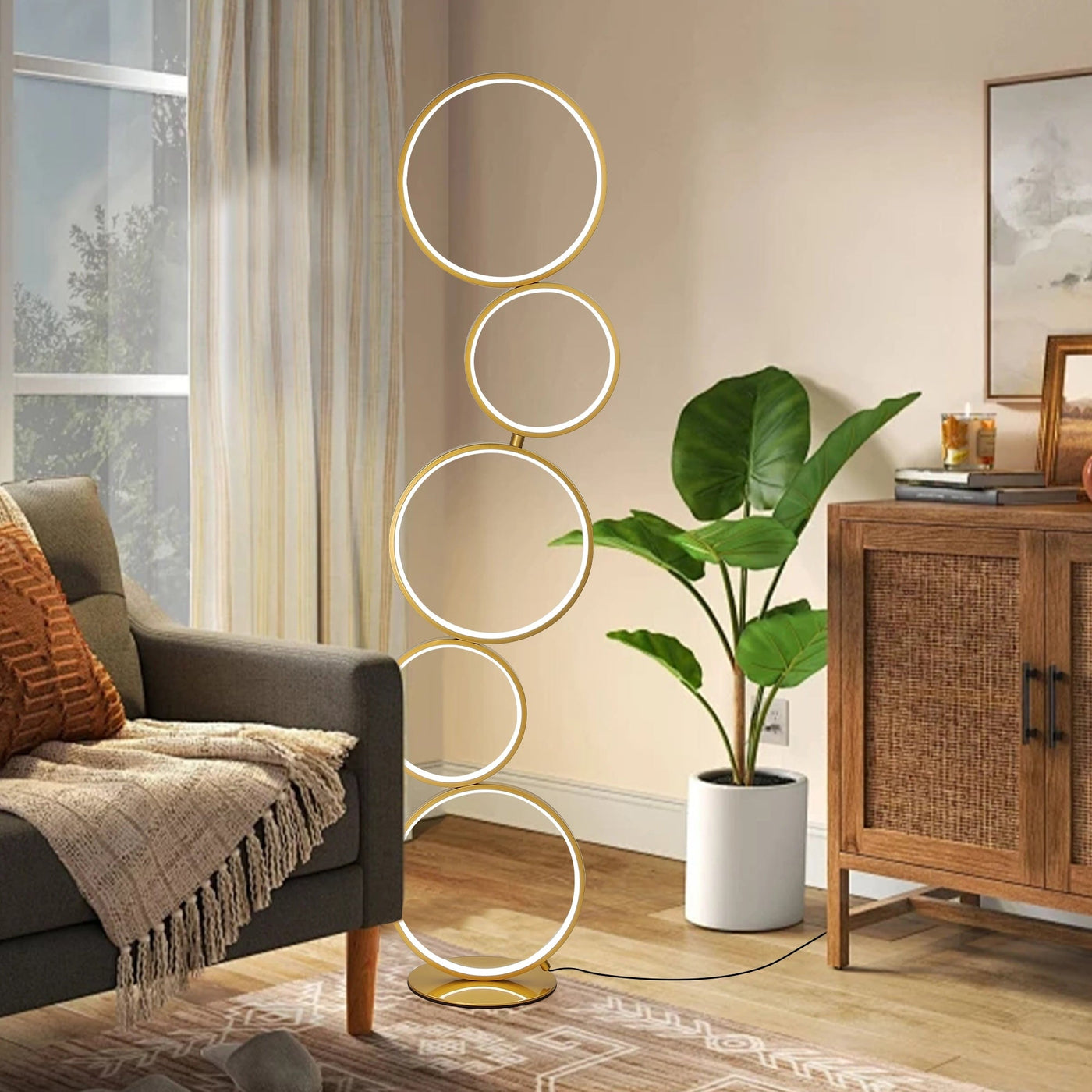 Lampadaire LED moderne à intensité variable, lampe d'angle lumineuse à 3 voies avec 5 anneaux pour salon
