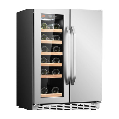 Réfrigérateur Lanbo 24 pouces à double zone, 18 bouteilles de vin et 55 canettes de boissons, en acier inoxydable et verre, avec porte française