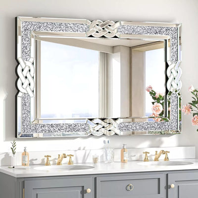 Grand miroir mural emboîtable avec perles de cristal rectangulaires