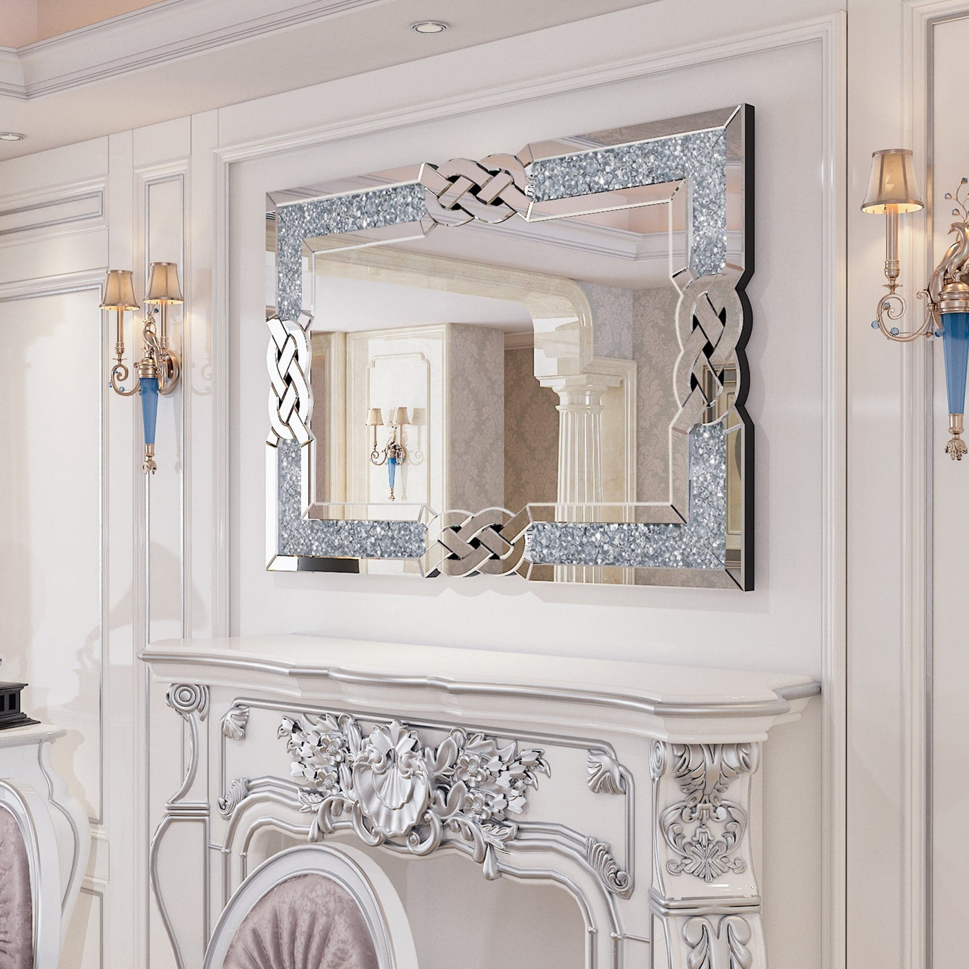 Grand miroir mural emboîtable avec perles de cristal rectangulaires