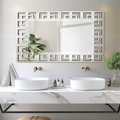 Grand miroir mural décoratif avec cadre géométrique aux accents argentés