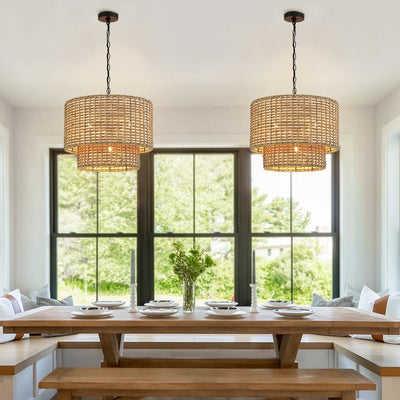 Lustre tambour à 4 lumières en rotin Lennie de 20 po avec auvent noir - 20 po de largeur - 20 po de largeur