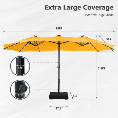 MAISON ARTS Parasol de marché extérieur rectangulaire à manivelle double face de 15 pieds Parasol de patio éclairé par LED solaire avec base incluse