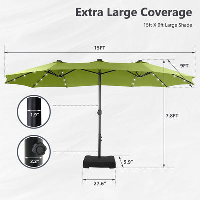 MAISON ARTS Parasol de marché extérieur rectangulaire à manivelle double face de 15 pieds Parasol de patio éclairé par LED solaire avec base incluse