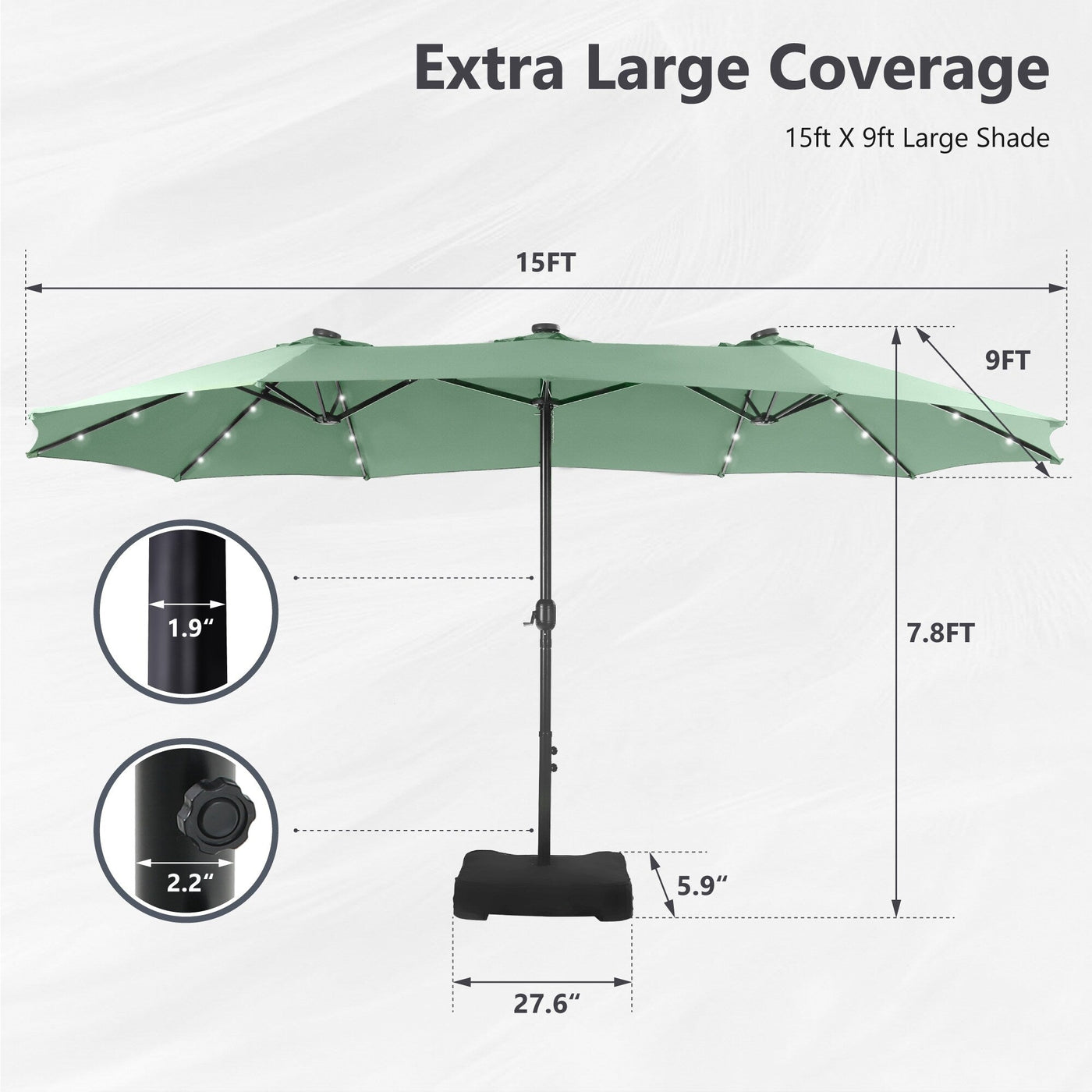 MAISON ARTS Parasol de marché extérieur rectangulaire à manivelle double face de 15 pieds Parasol de patio éclairé par LED solaire avec base incluse