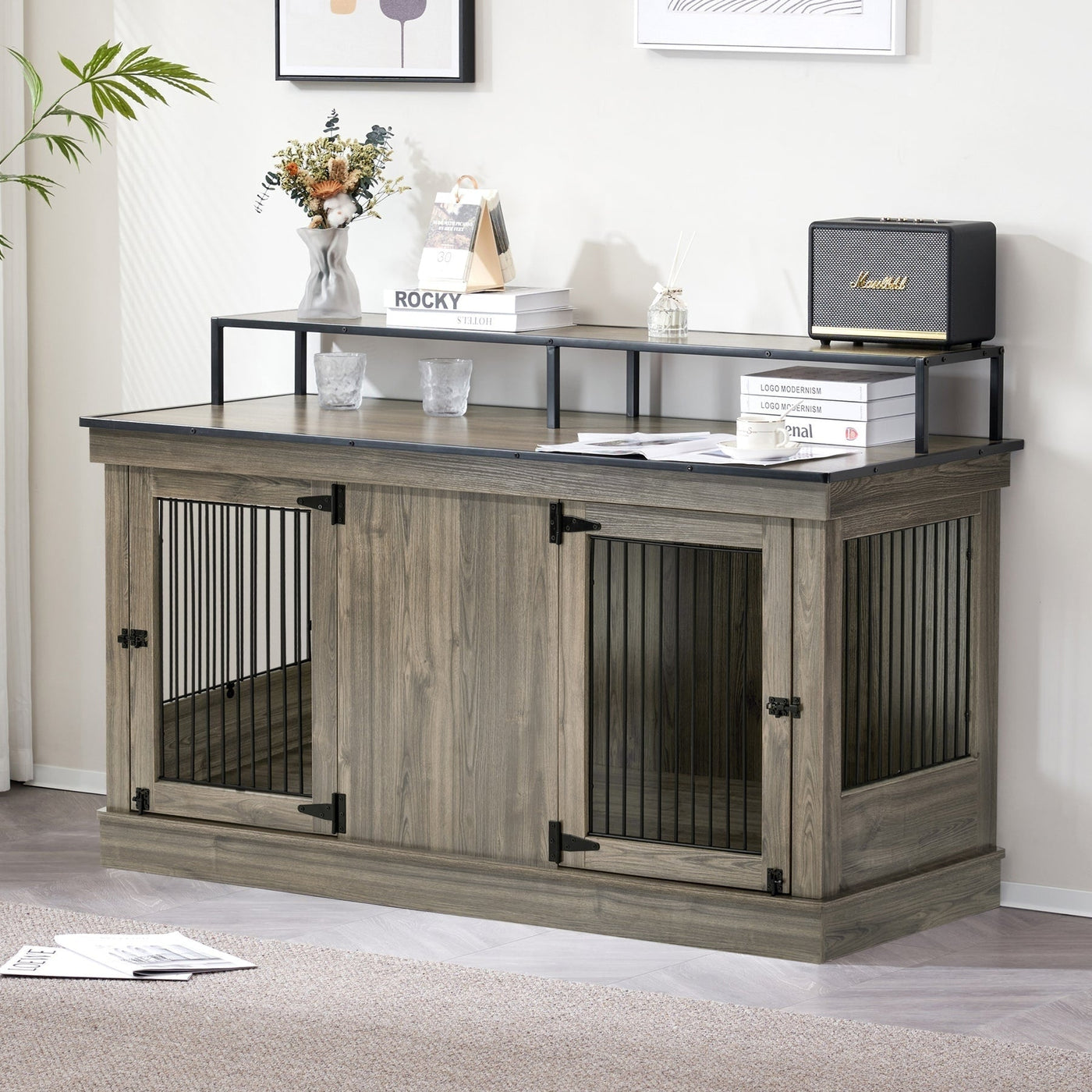 Meuble TV pour cage à chien Mcombo, grand format, niche en bois avec doubles portes, modèle 1861