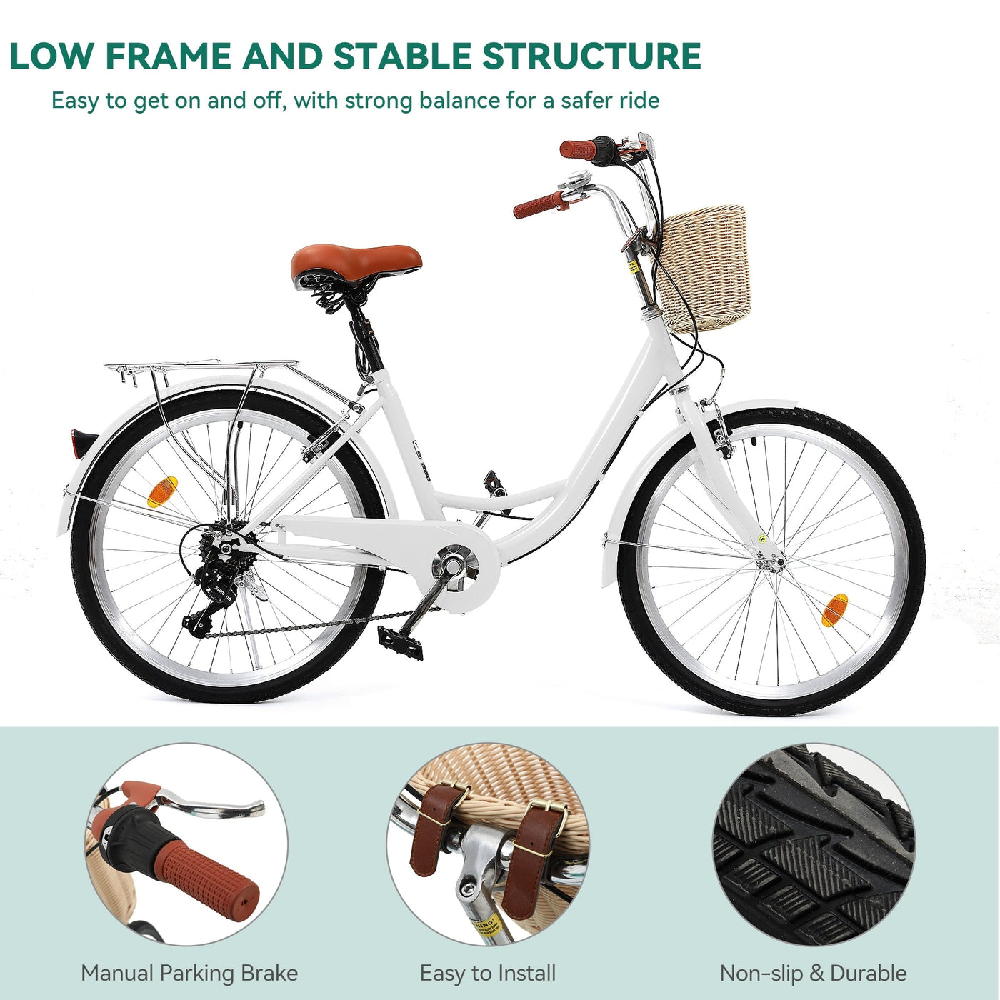 Vélo de croisière Moasis24/26 à 7 vitesses, vélo à cadre réglable, vélo de trajet