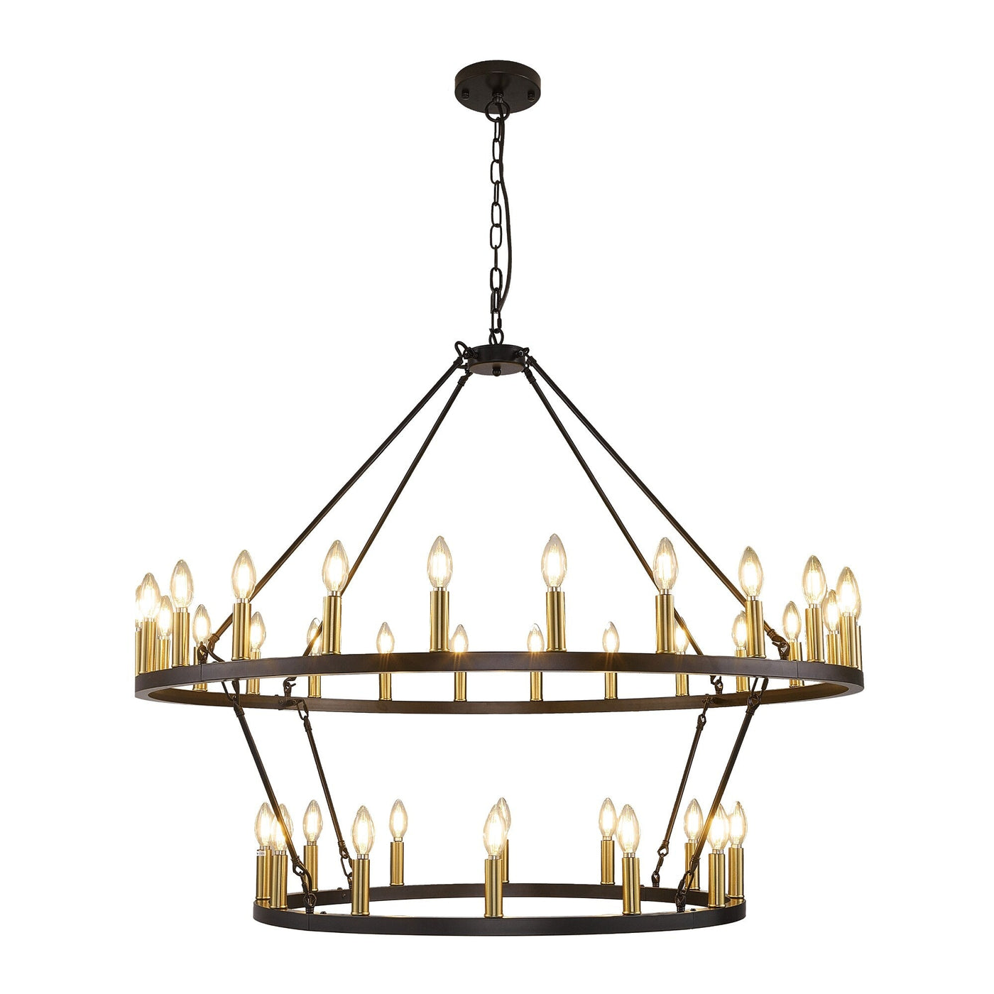 Lustre de ferme moderne à 2 niveaux, lustre rond en forme de roue de chariot, grand plafonnier haut.