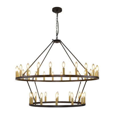 Lustre de ferme moderne à 2 niveaux, lustre rond en forme de roue de chariot, grand plafonnier haut.