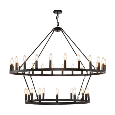 Lustre de ferme moderne à 2 niveaux, lustre rond en forme de roue de chariot, grand plafonnier haut.