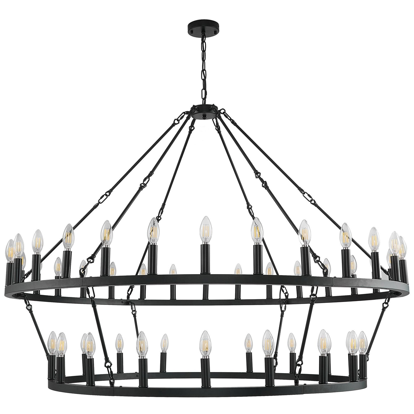 Lustre de ferme moderne à 2 niveaux, lustre rond en forme de roue de chariot, grand plafonnier haut.