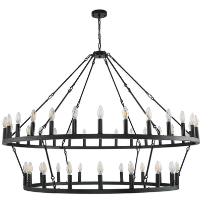 Lustre de ferme moderne à 2 niveaux, lustre rond en forme de roue de chariot, grand plafonnier haut.