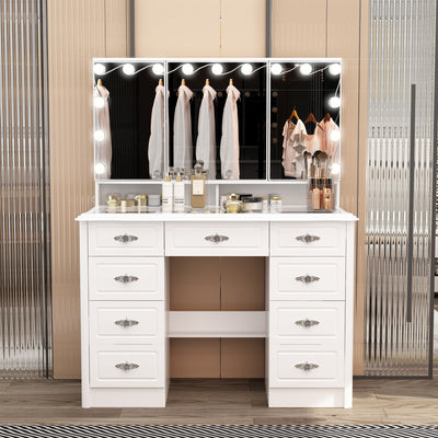 Miroir de maquillage pliable blanc moderne avec éclairage réglable - 40,2 x 54,1