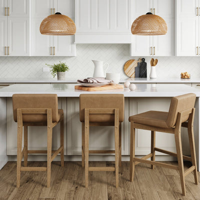 Tabouret de bar moderne Gracie, chaise rembourrée en boucle et pieds en bois brossé