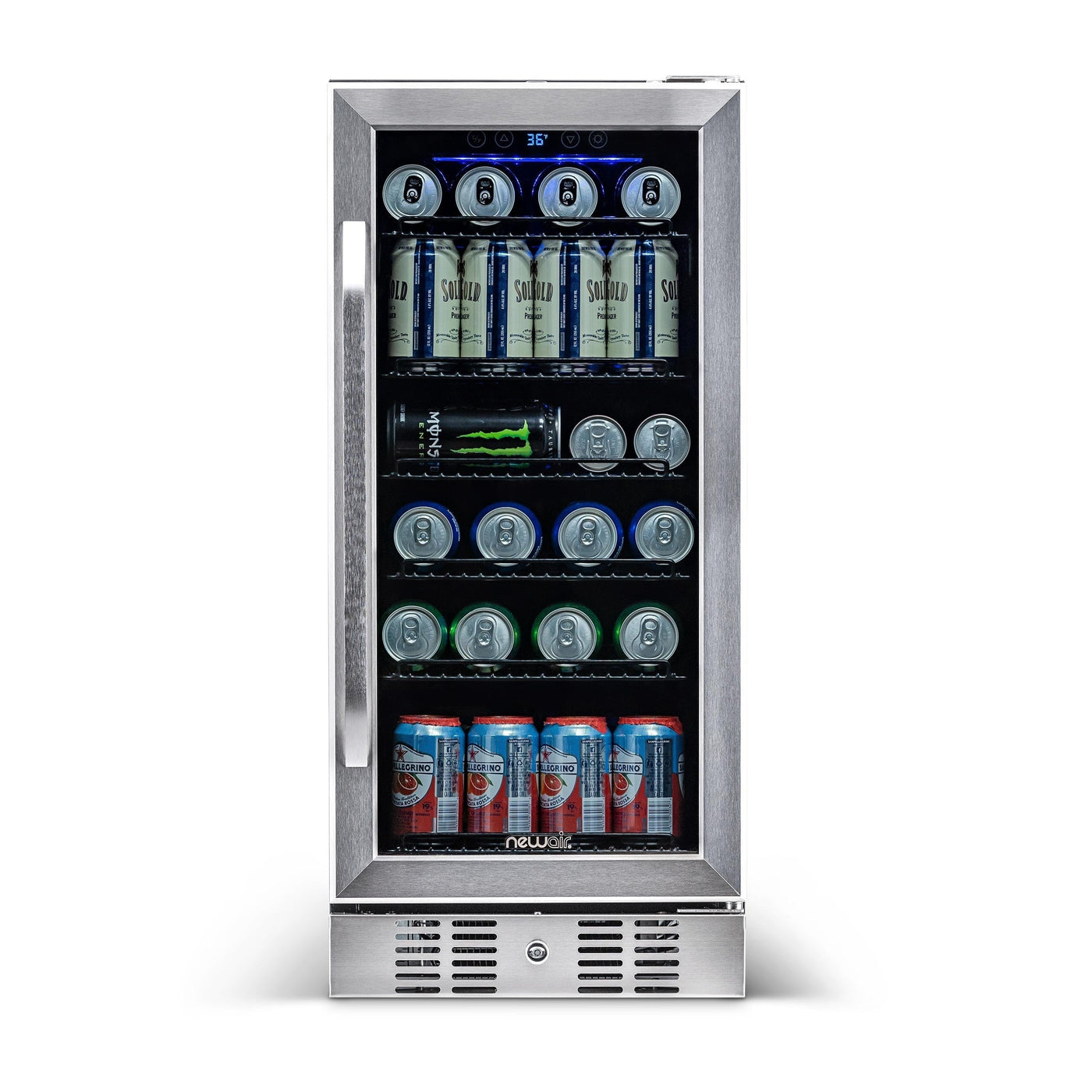 Réfrigérateur à boissons encastré Newair de 15 po, 96 canettes, en acier inoxydable, avec commandes de température et étagères réglables