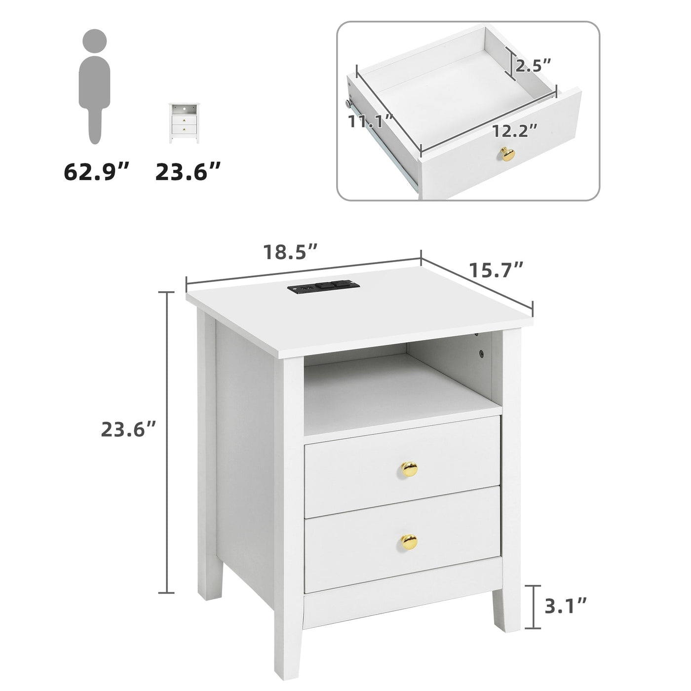 Ensemble de 2 tables de chevet avec station de charge Table d'appoint avec 2 tiroirs avec ports et prises USB Table de chevet
