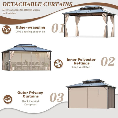 Gazebo à toit rigide EROMMY, pergola d'extérieur avec double toit, filet et rideaux, auvent robuste pour patio, arrière-cour, fête au bord de la piscine