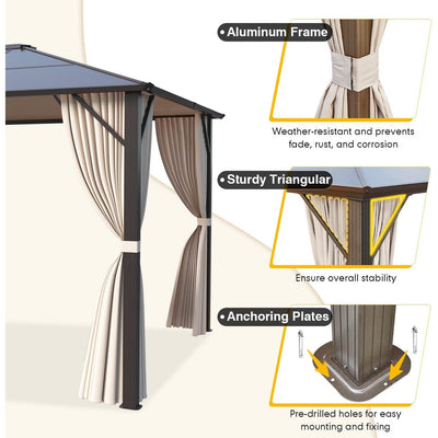 Gazebo à toit rigide EROMMY, pergola d'extérieur avec double toit, filet et rideaux, auvent robuste pour patio, arrière-cour, fête au bord de la piscine
