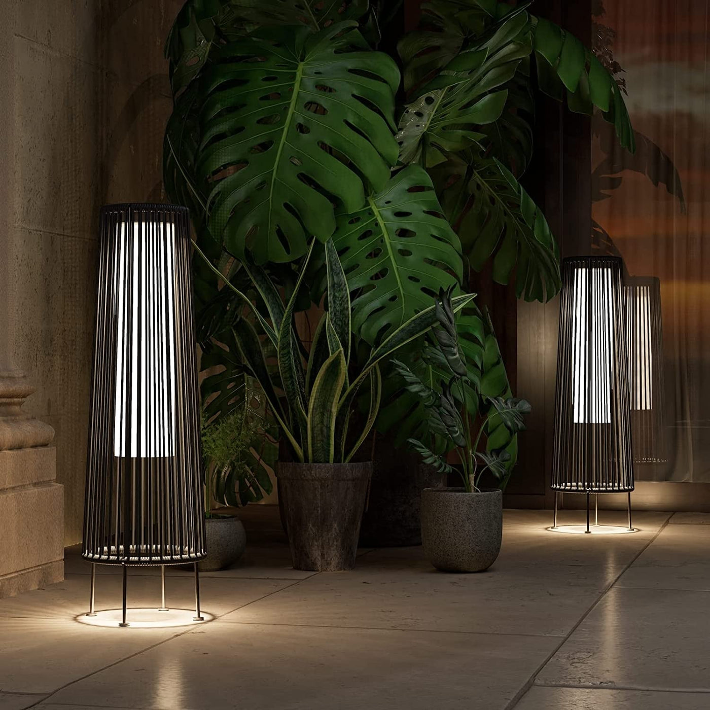 Lot de 2 lampes solaires d'extérieur en osier, résistantes aux intempéries, idéales pour terrasse, porche, cour ou jardin.
