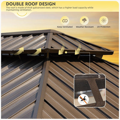 Tonnelle d'extérieur à toit rigide avec double toit en acier galvanisé et cadre en aluminium, pergola extérieure avec rideaux et filets haut de gamme