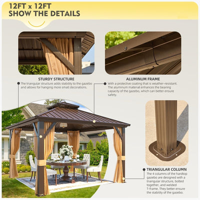 Tonnelle d'extérieur à toit rigide avec double toit en acier galvanisé et cadre en aluminium, pergola extérieure avec rideaux et filets haut de gamme
