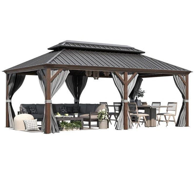 Tonnelle d'extérieur à toit rigide avec double toit en acier galvanisé et cadre en aluminium, pergola extérieure avec rideaux et filets haut de gamme