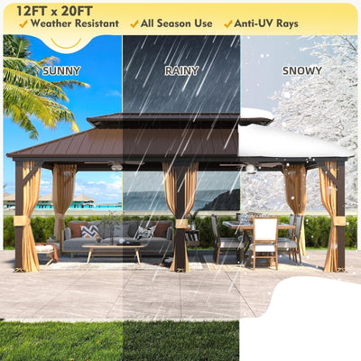 Tonnelle d'extérieur à toit rigide avec double toit en acier galvanisé et cadre en aluminium, pergola extérieure avec rideaux et filets haut de gamme