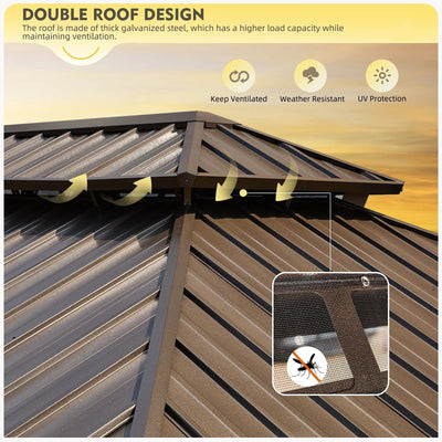 Tonnelle d'extérieur à toit rigide avec double toit en acier galvanisé et cadre en aluminium, pergola extérieure avec rideaux et filets haut de gamme